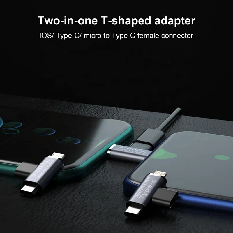 New T-Shaped 2 In 1 USB3.1 Type-C OTG Plug Adapter Micro USB IOS Lighting Type C To USB C Charging Data Sync Adapter Converter