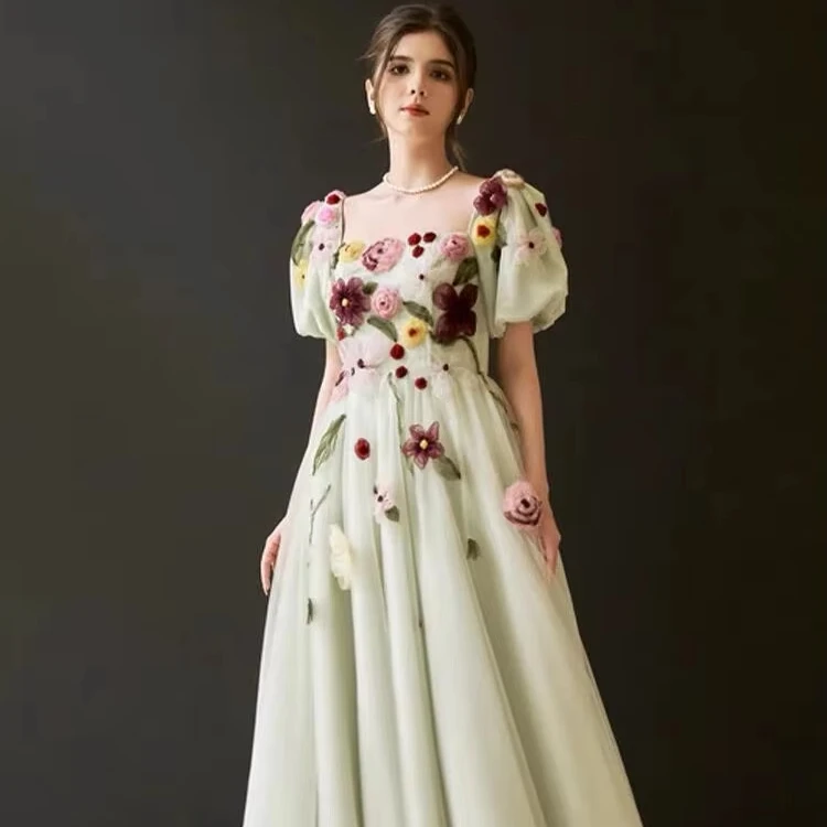 French New Designer square Collar Evening Woman Dress Heavy Industry Puff  Sleeve Mesh Petal fairy Gown Long Dress