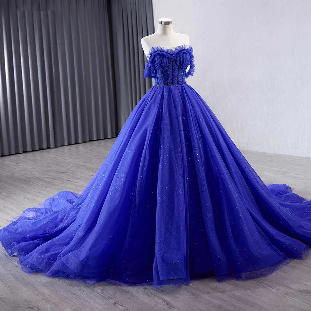Royal Blue Off-the-Shoulder Evening Dress - Corset Tiered Tulle Gown for  Women | Formal Party Wear Rsm231031