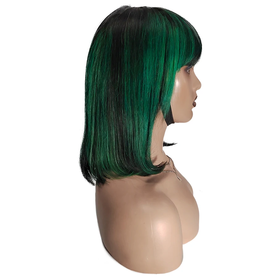 1B/Green Cheap Price Highlight Wig Human Hair Colored Bob Wigs Peruvian Hair Machine Made Bob Wig With Bang For Black Women