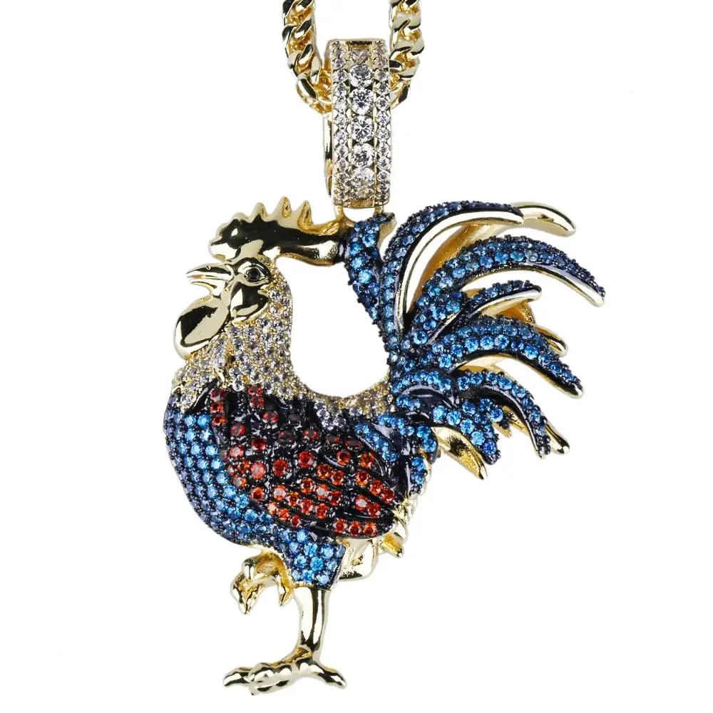 Iced Out Cock Pendent Hip Hop Copper Base 18K Gold Plated CZ Simulated Diamond Necklace for Men Women Charm Gift Jewelry