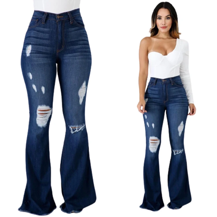 Factory Direct Sale Womens Clothing High Elastic Pants Hole Ripped Ladies Trousers High Waist Women Flared Jeans