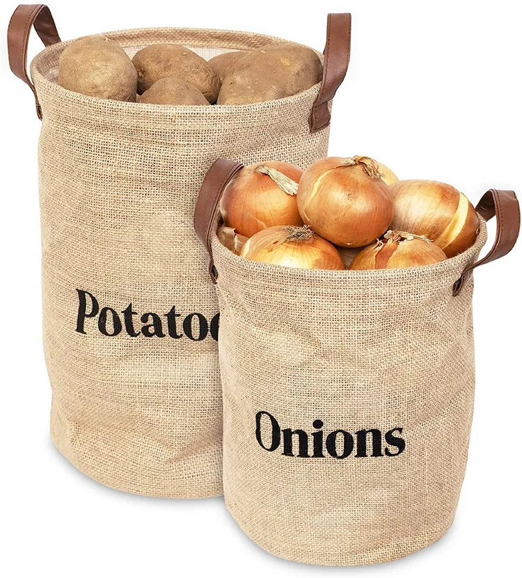 Potato and Onion Storage Baskets Pack of 3 Lined Burlap Pantry Storage