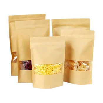 Stock Biodegradable Doypack Ziplock Brown Stand Up Kraft Paper Pouches Bag With Clear Window