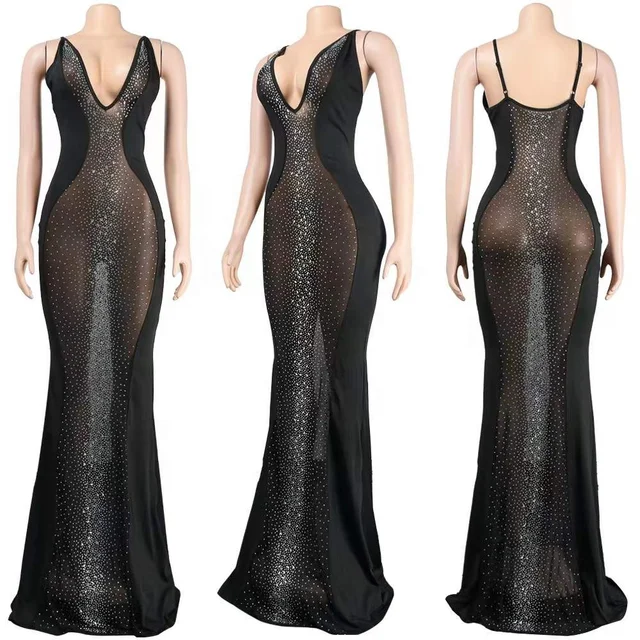 High quality deep v neck patchwork mesh rhinestone dress sexy women elegant evening dress nightclub wear ladies maxi dress - Image 5