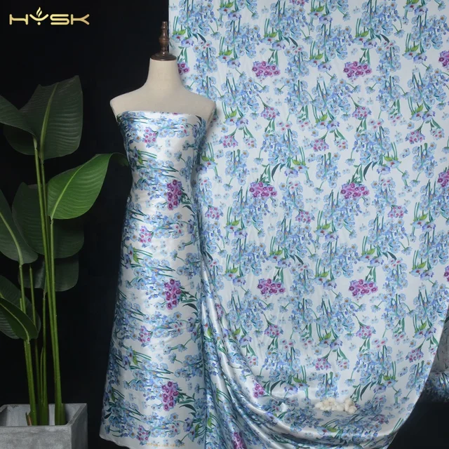 HYSK 19 mommy Heavy 100% Mulberry Pure Silk Crepe Satin Fabric floral vintage print Design muslin blue for Dress Cheongsam E2786