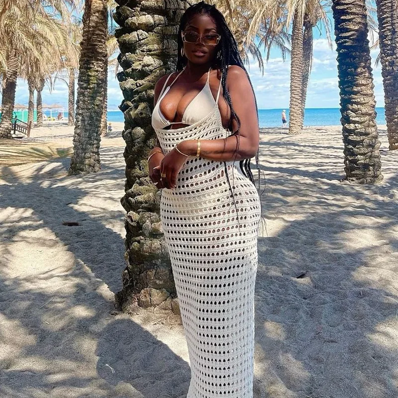 Crochet Net Beach Dresses for Women Resort Wear Bikini Cover up Sexy Hollow  Out Sleeveless Maxi Dress