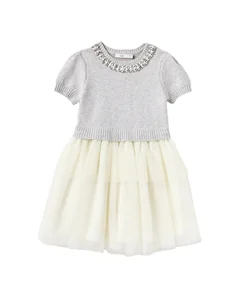 Girls' Winter Short Sleeve A-Line Knee-Length Party Dresses Knitted Top and Bottom Tulle Skirt for 3 Years Old Children