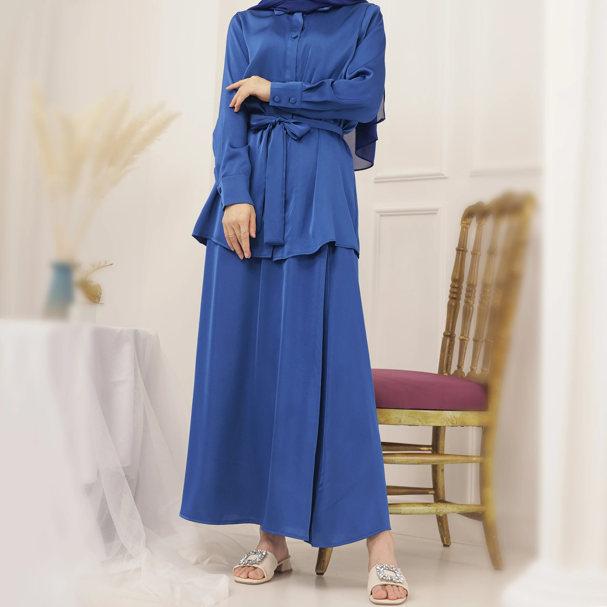 chinese dress ladies Batool Marina Blue Chiffon Modest Long Maxi Dress | Modest Muslim Dresses main image 1