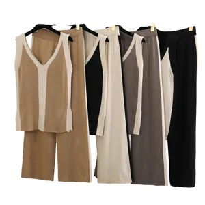 Casual Summer Solid Pattern Two-Piece Set V-Neck Vest and Wide Leg Pants Color-Matching Knitted Split Top and Bottom