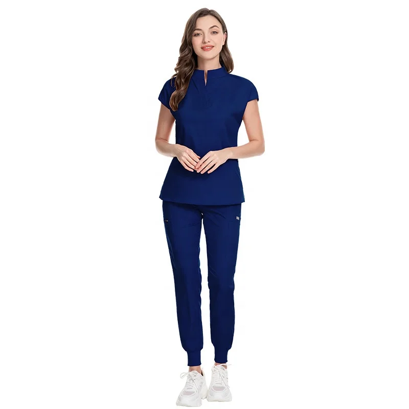 Logo Custom Chinese Classic Style 2 Piece Jogger Set Massage Beauty Salon Nursing Uniforms Women Solid Color Medical Scrubs