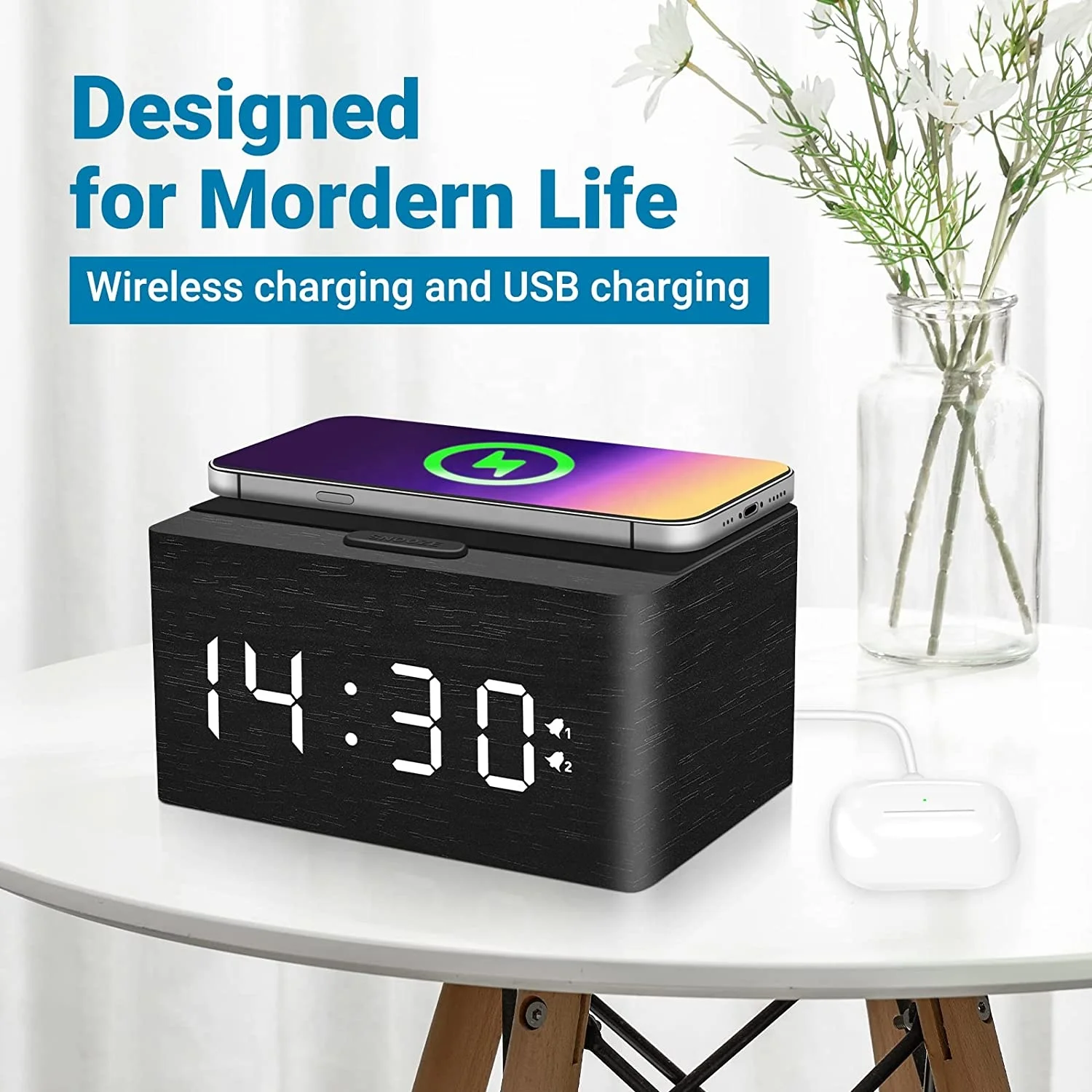 Wooden Digital Alarm Clock Fm Radio Fast Wireless Charger Station For