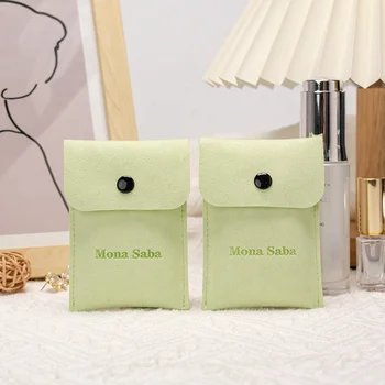 Custom Logo Microfiber Suede Velvet Earring Necklace Snap Button Microfiber Suede Velvet Jewelry Pouch with Textile Packaging