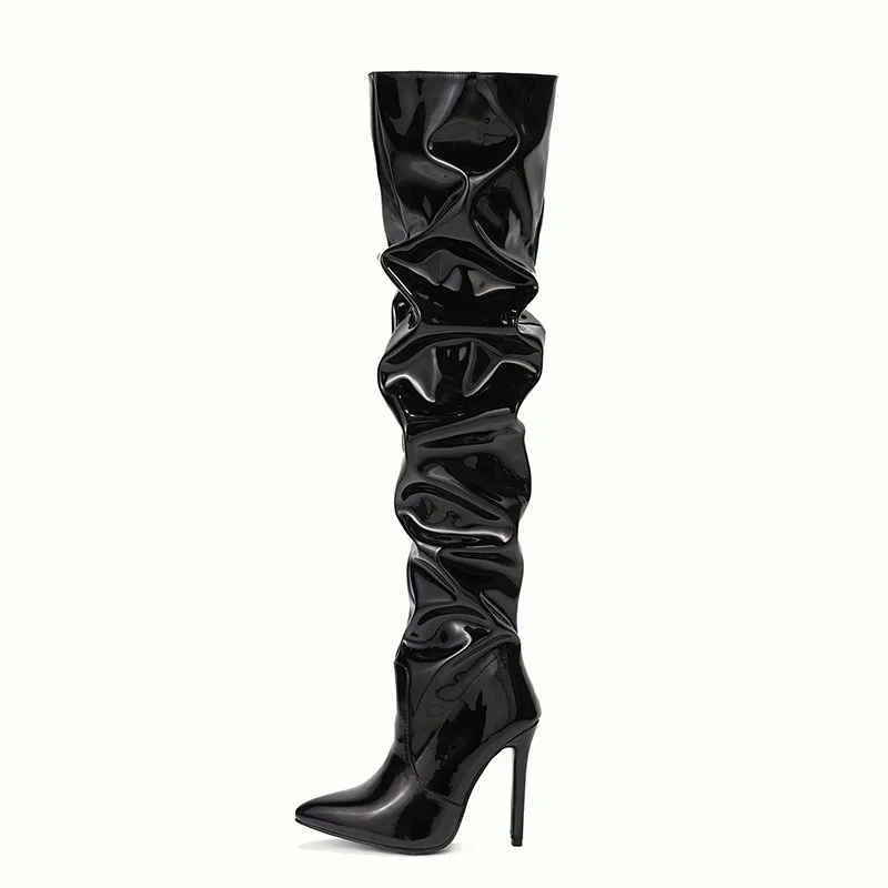 Fashion Autumn Elastic Zipper Over The Knee Boots Patent Leather Black Sexy High Heels Women