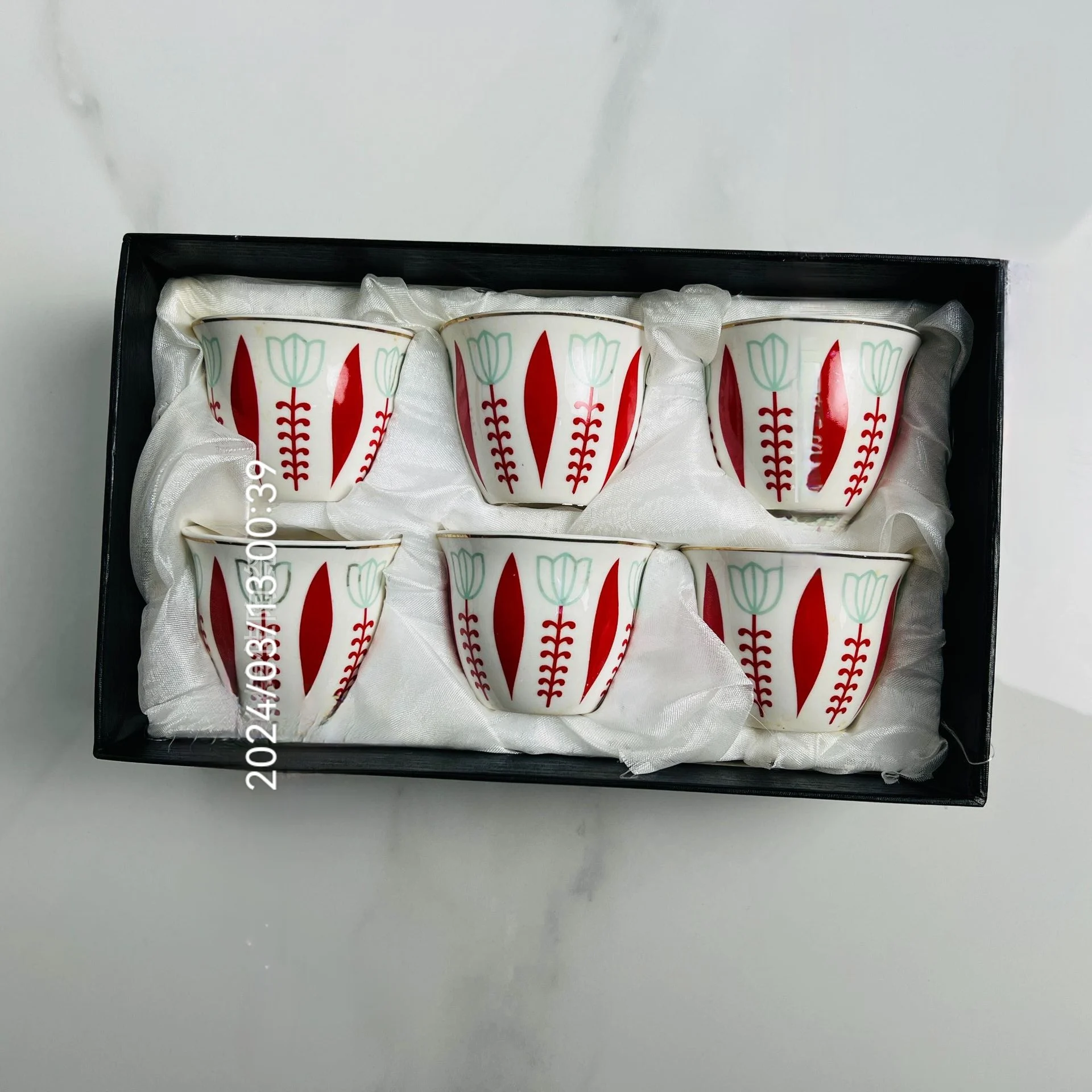 Mid Eastern Custom logo Porcelain Small Saudi Ghawa Qahwa Kawa Cawa Cups Arabic Coffee Tea Cups with Gift Box