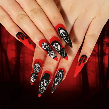 24 pcs/set Wear Nails ins style Halloween Red and Black Skull Ghost Face Portrait press on nails fake nail