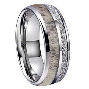 Coolstyle Jewelry 8mm Deer Antler Meteorite Inlay Polished Tungsten Carbide Ring for Men Women Fashion Wedding Band Comfort Fit