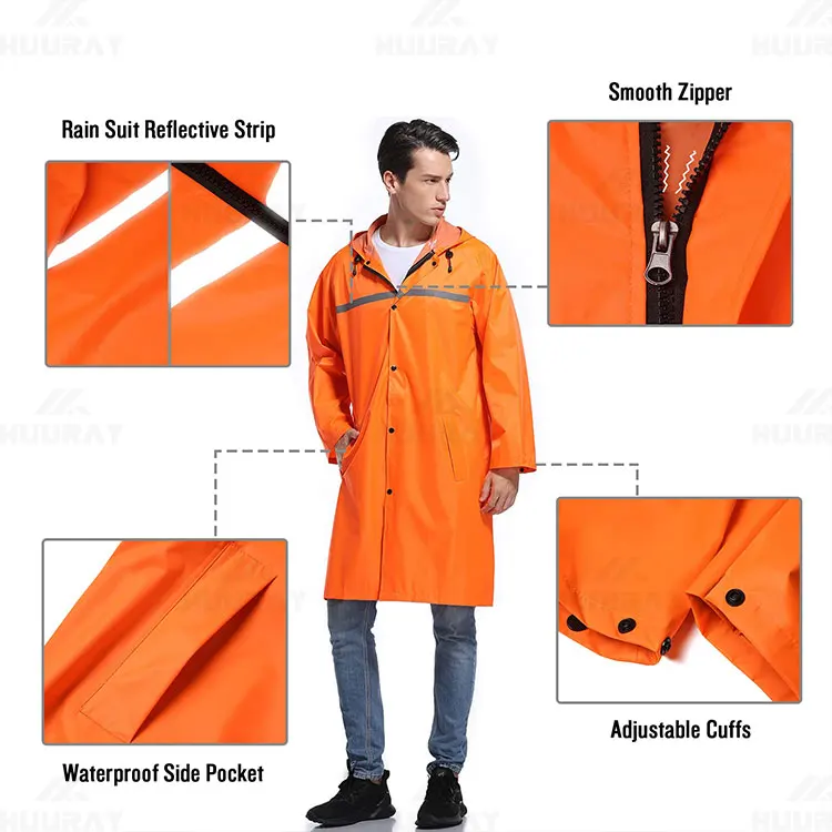logo Color Size Custom Hi-viz Fluorescent Orange Pu Rain Jacket Orange Hi Vis Raincoat Rain Windbreaker Jackets with Hood