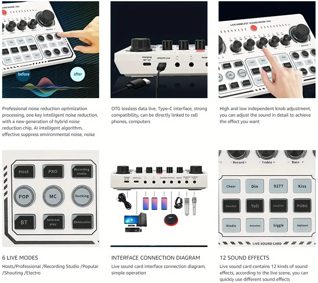 Oem wholesale External Audio Mixer Live Sound Card Mobile Phone Voice Changer Karaoke Broadcast Recording Home KTV