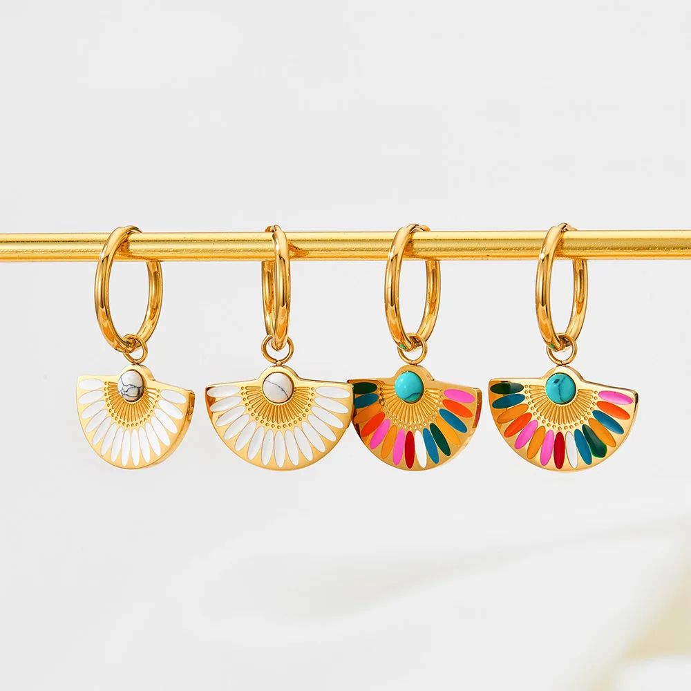 New Designer Bohemia Colorful Enamel Fan Charm Pendant  Gold Plated Stainless Steel Hoop Enamel Earrings