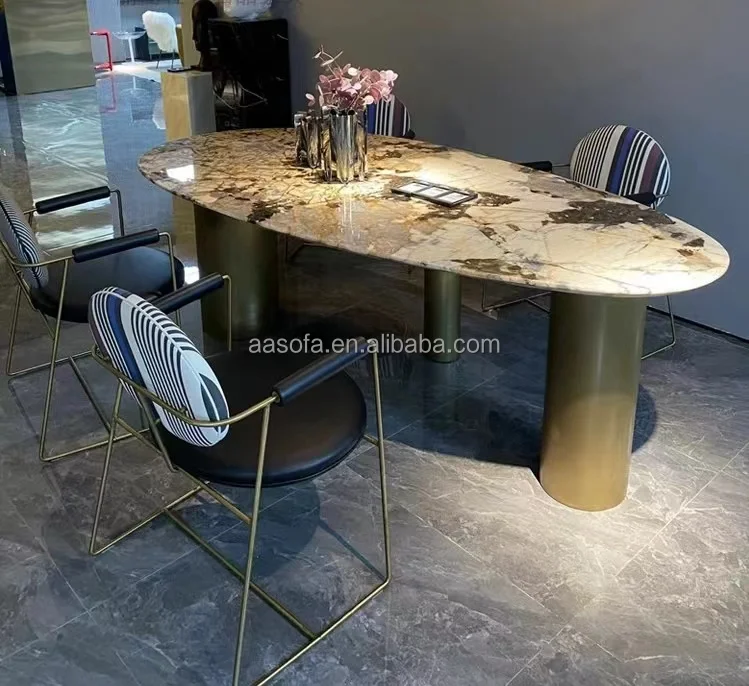 Customizable Modern Marble Dining Table Set With Stainless Steel Legs