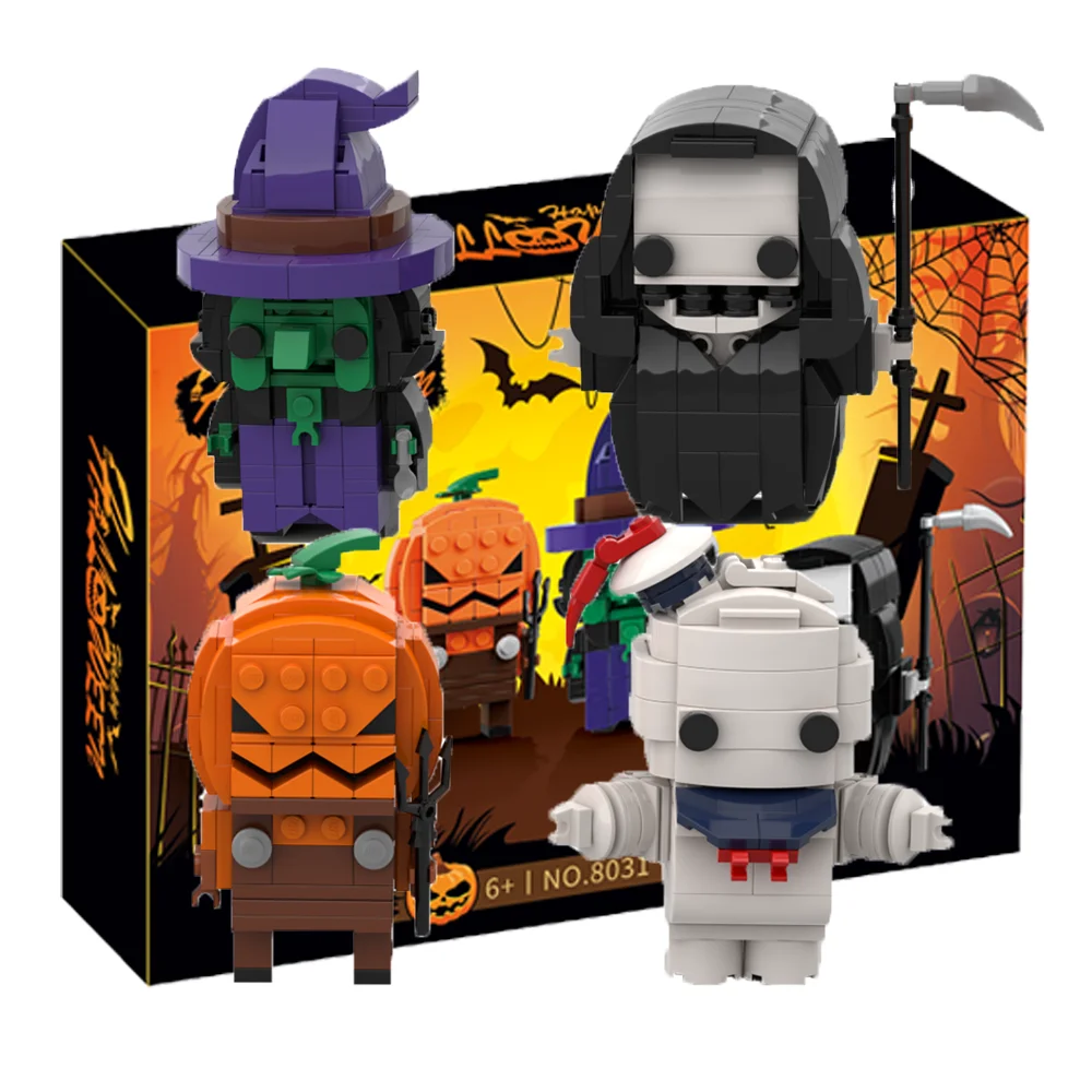 4-in-1 ハロウィーンフィギュアビルディングブロックセット スクエアブリックヘッドフィギュア組み立てナノブロックブリックトイ DIY スカル＆パンプキンフィギュアトイ