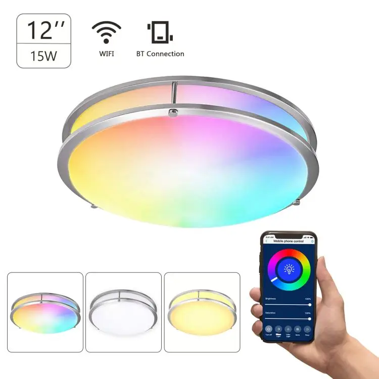 Smart Ceiling Light 12-inch 15W Flush Mount Wi-Fi Ceiling Lamp 2700K-6500K White & RGB Multicolored Dimmable Ceiling Lights Voic
