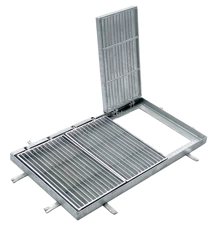 Galvanized Pedestrian Walkway Steel Metal Grating With Hinge Opening and Fishtail for Ditch Drain Cover