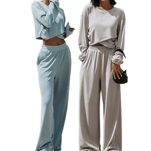 Top Sale Winter Solid Loose Sport Hoodie Sweatshirt 2 Piece Long Set O Neck Regular Tops Thin Wide Leg Pants