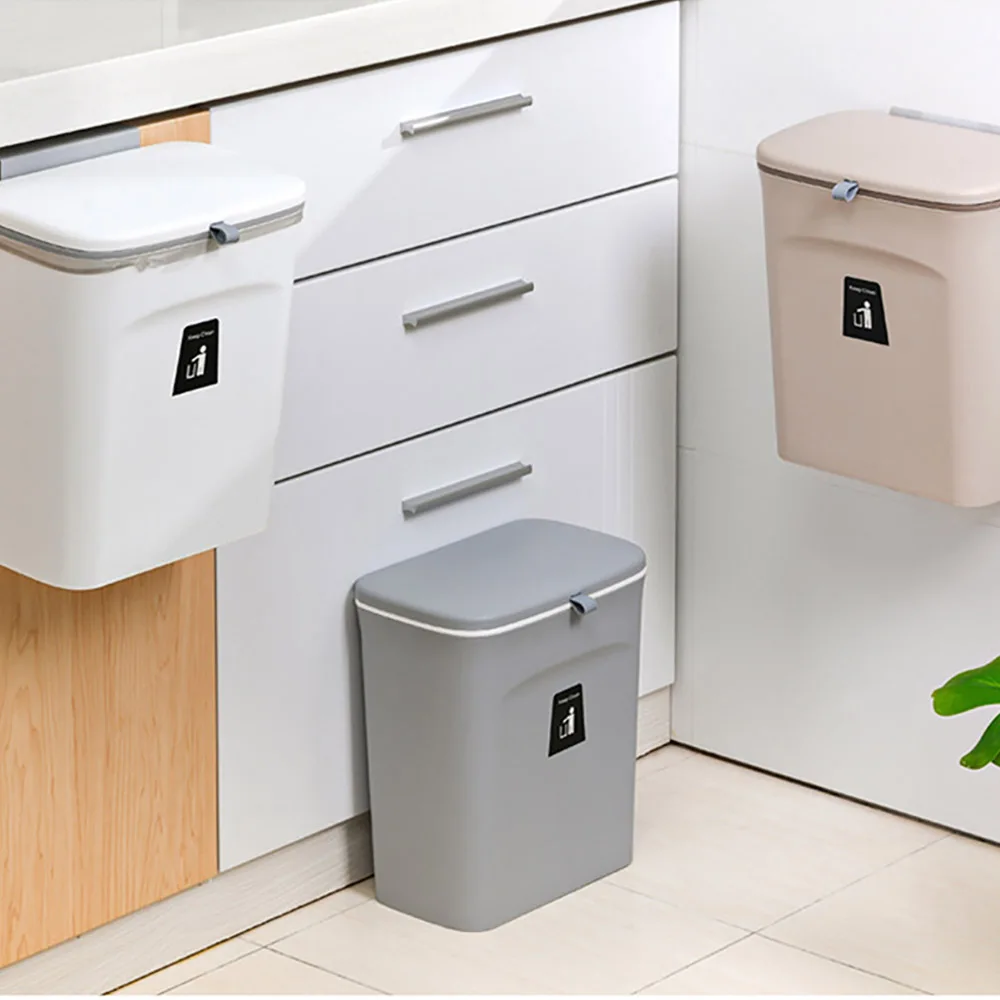 Wall Mounted Kitchen Cabinet Door Garbage Bin With Lid Plastic Hanging Waste Bin Punch-Free Trash Can