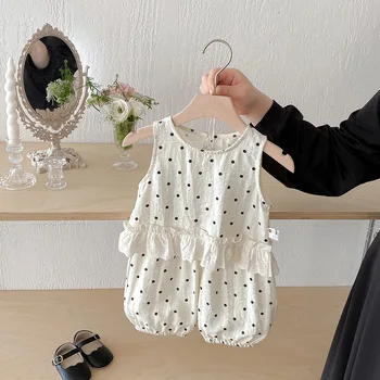 2025 New Baby Girl Summer Suit Infant Polka Dot Vest Two-Piece Set Western Style Woolen Cotton Little Girl Clothes
