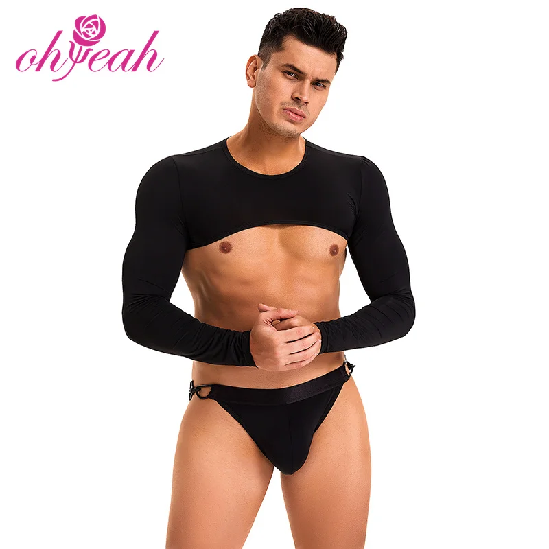 Großhandel Schwarze Sexy Dessous Klettverschluss-Unterwäsche  Herren-Lingerie-Set Eisseide Langarm Crop Top