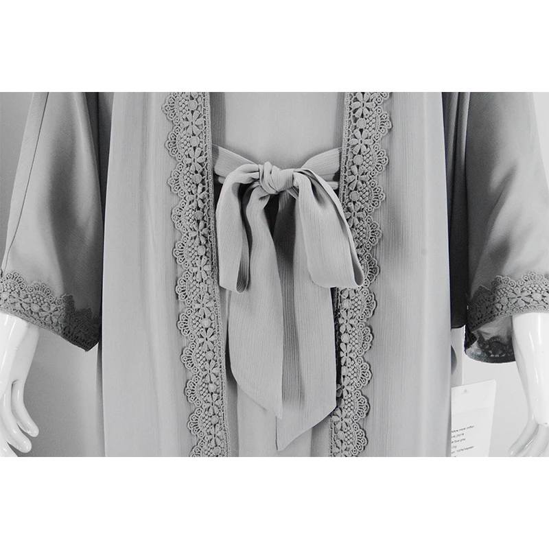 New Designs Eid Dubai Islamic Elegant Modest Abaya Women Muslim Dress Inner Slip Dress Abaya Set Embroider Satin Silk Open Abaya