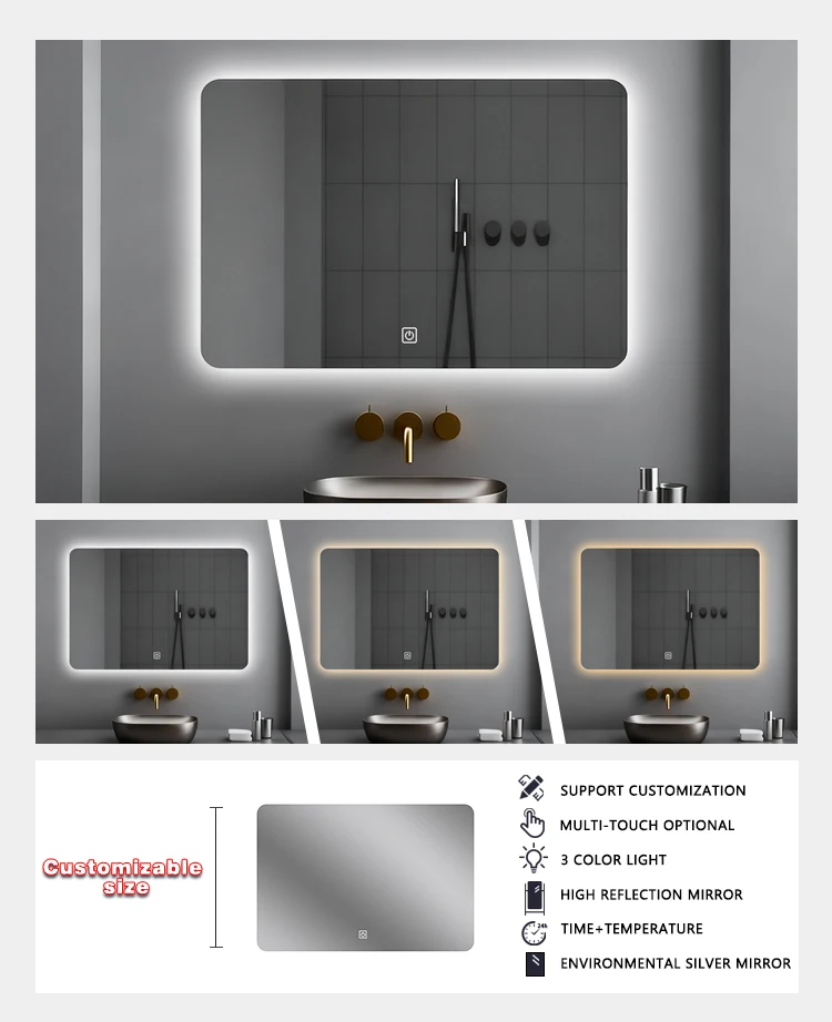 product high end wall mounted smart mirror in bathroom led anti fog touch screen bathroom mirror rectangular hotel mirror-5