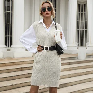 Sample Custom Women's Clothing Solid Color V-Neck Ladies Sweater Elegant Casual Sleeveless Dress Best-selling Knitted Sweater