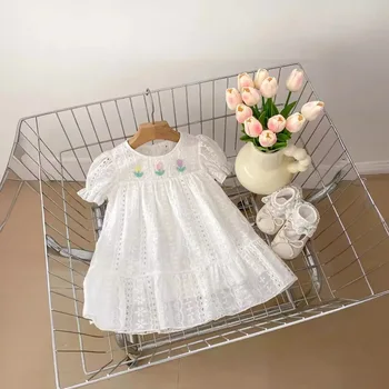 2024 Summer girls' short-sleeved lace floral princess skirt sweet flowers embroidered ruffled little kids' dress