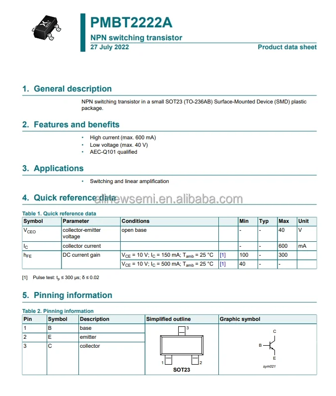 Hot sale Original PMBT2222A Small Signal Bipolar Transistor 0.6A I(C) 40V V(BR)CEO 1-Element NPN Silicon TO-236AB Transistors