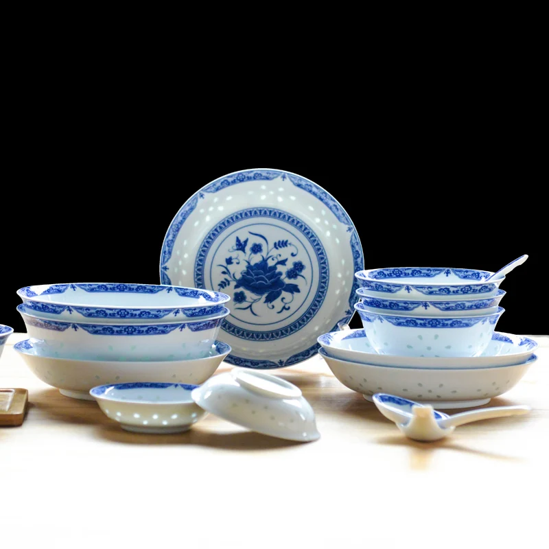 Intangible Cultural Heritage Linglong Porcelain Tableware Set Blue and White Porcelain Fragrant Jade Auspicious Wind and Rain factory