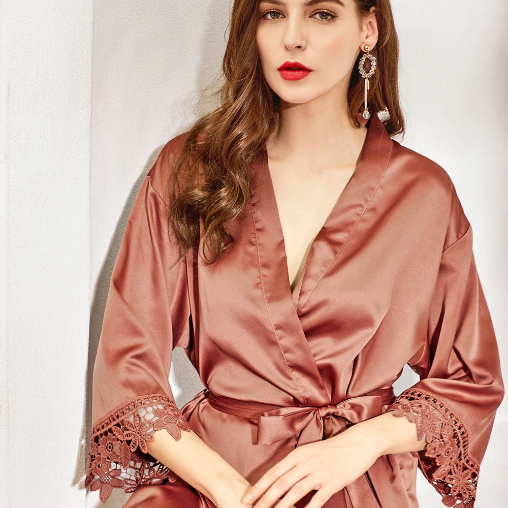 FUNG 3031 Women Silk Robe Bridesmaid Robes Satin Lace Robe