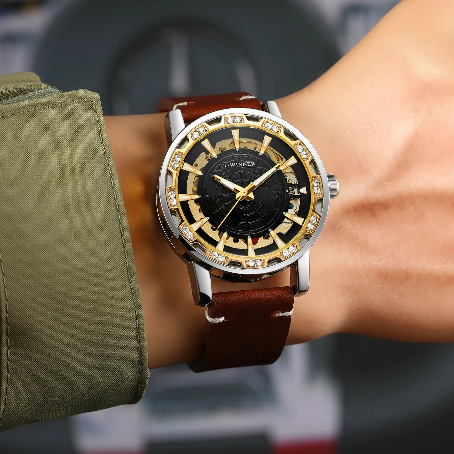 WINNER Mechanical Watch for Men Business Classic Diamond Watches Luxury Genuine Leather Strap Waterproof Golden Wristwatches