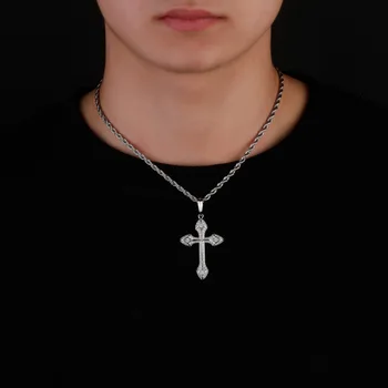 Collier Croix Pour Hommes En Argent 925 Plaqué Or 18 Carats - Zirconium Cubique Glacé - Chaîne Cubain/corde/tennis - Style Hip-hop