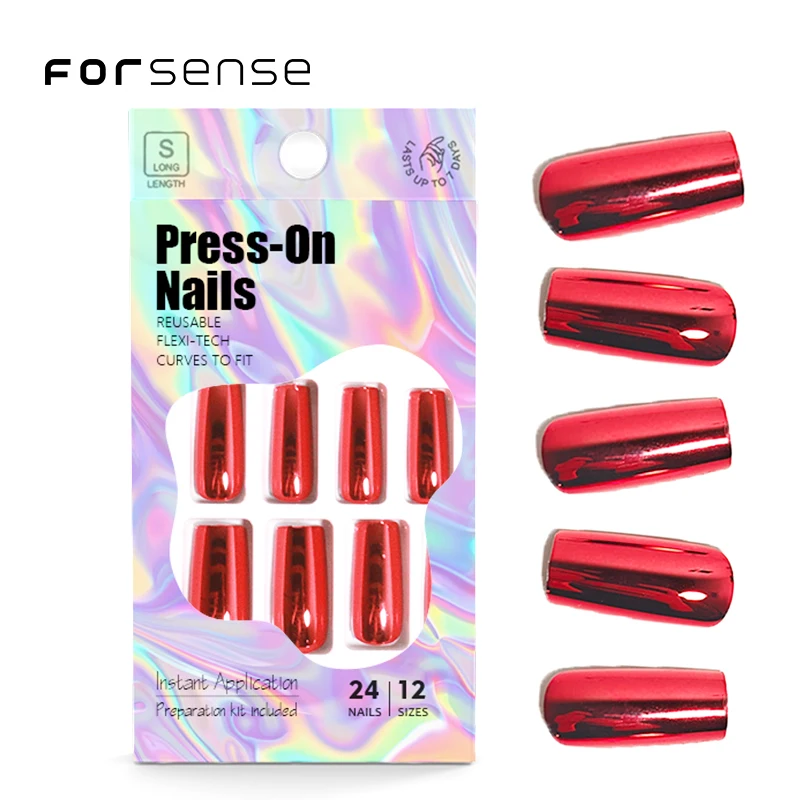 Wholesale Vendor High End Chrome Long Press on Nails Bridal Wine Red Bride 24 False Nail Long square Sexy Fake Nail High Quality