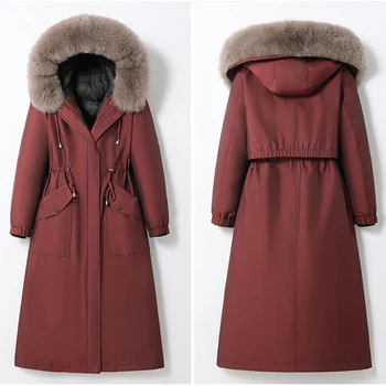 Custom Goose Down Winter Women Fake Fur Collar Hooded Long Down Parka Jacket