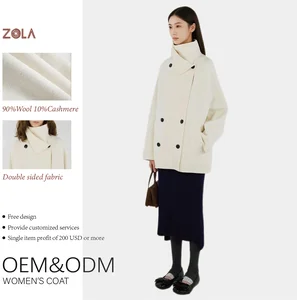 Women's High-End Eco-Friendly Casual Short Winter Coat Handmade Double-Breasted Cashmere Turtleneck Collar Soft Button