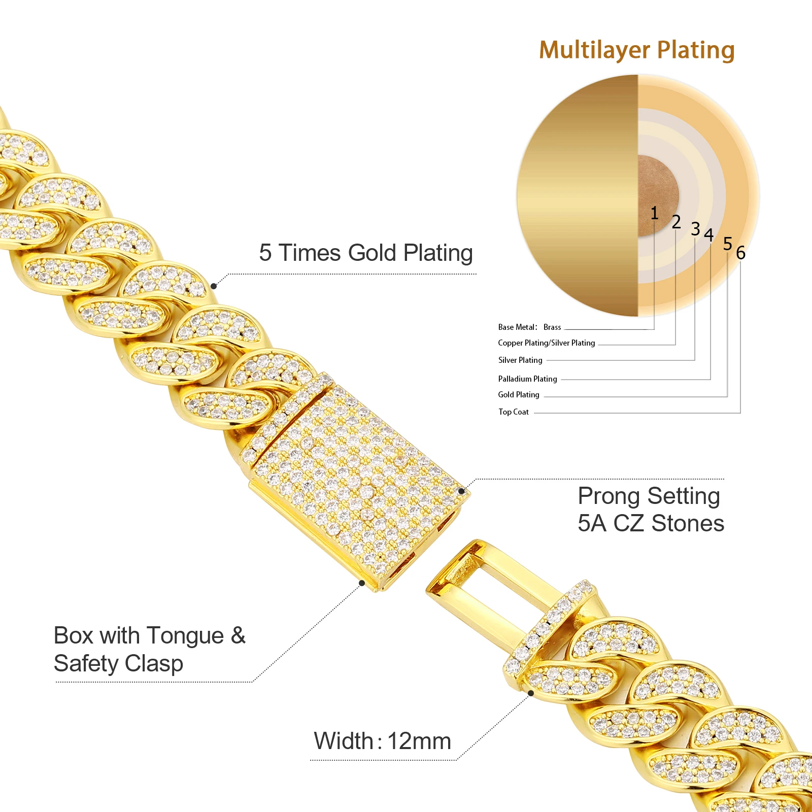 Custom Gold Chain 14k Real Gold Plated Prong Iced Out Jewelry Diamond Necklace Men Stainless