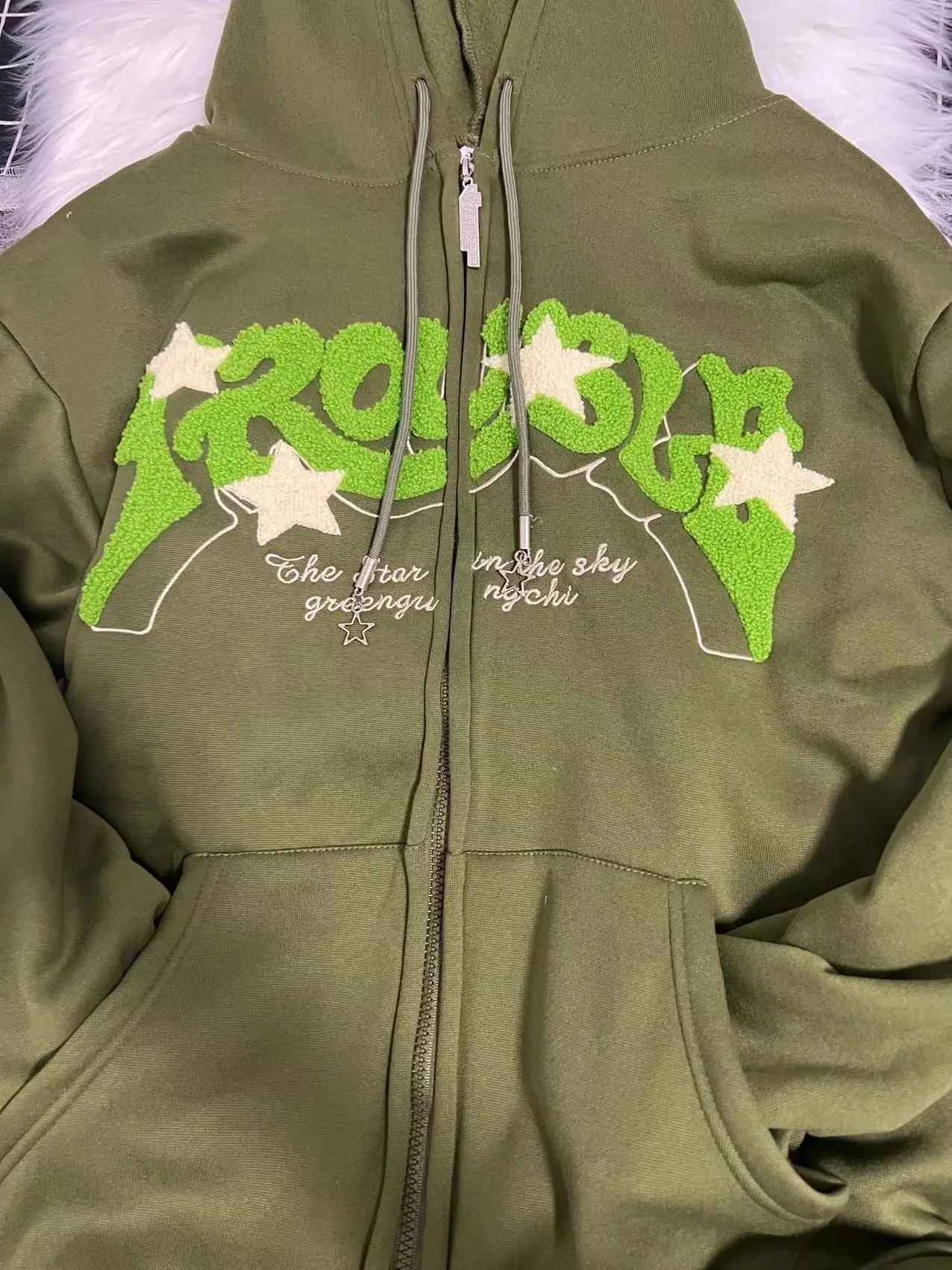 Streetwear Embroidery Chenille Letters Corduroy Hoodies Men Unisex Heavyweight Full Zip Up