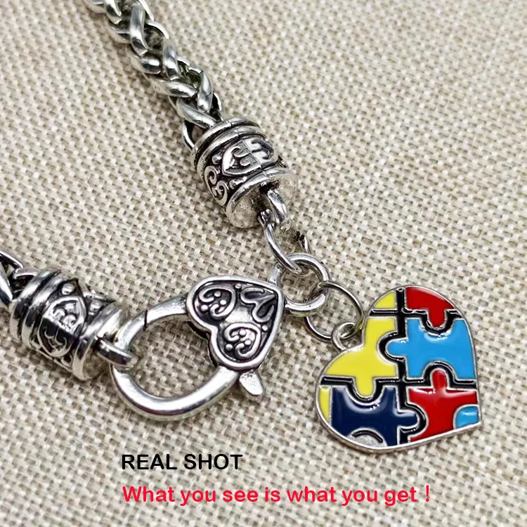Autistic Awareness Chain Bracelet  with Autism Puazzle Pendant Antique Silver Plating for Gift Bangle Chain