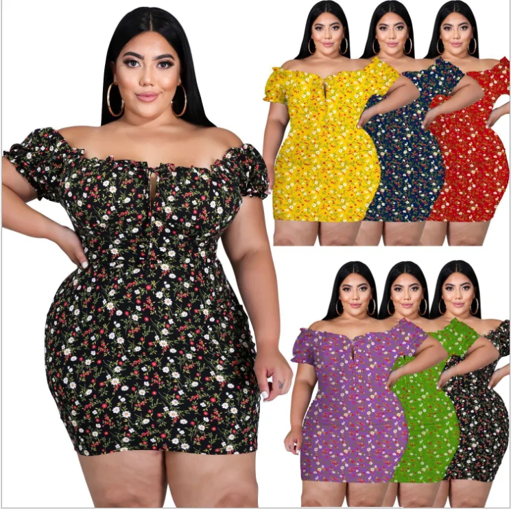 Summer one-line shoulder knitted sexy off-shoulder print six-color plus-size binding nightclub dress