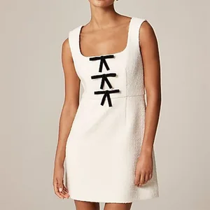 Custom Sweet-inspired Stylish Tweed With Velvet Bow Solid Sleeveless Mini Elegant Formal Women's Dress