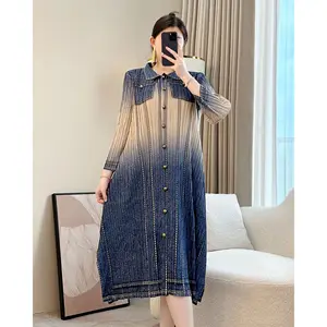 2026 Generation Spring Summer New Pleated Fashion Age-Reducing Loose Light Luxury Denim Cardigan Dress Floor-Length Casual Print